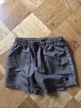 Boss Men's Brown Patterned Athletic Shorts with Black Drawstring